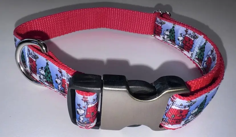 Dog Collar Peanuts Snoopy Christmas Large Handmade Heavy Duty W/Buckle NEW