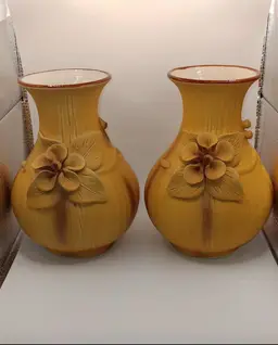 2 Beige Ceramic Vases With Dogwood Flowers