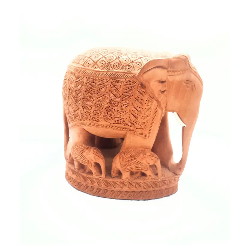 Vintage Hand Carved Solid Wood Elephants Figurine Sculpture Mama Baby Caravan Boho