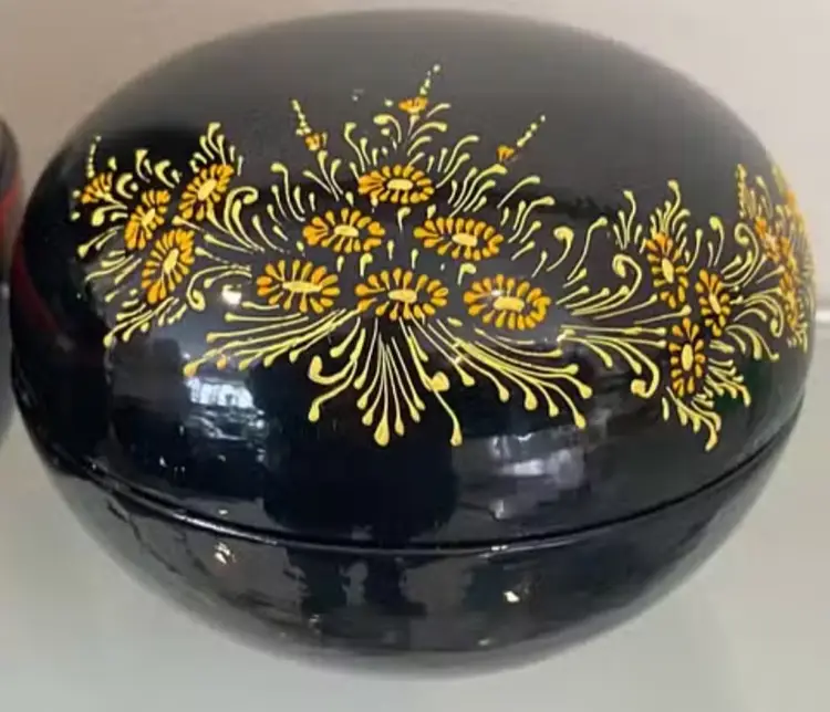 Black Lacquered Handpainted Round Trinket Box Yellow Floral in the Maki-e Style