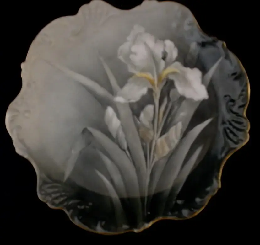 Antique (Circa 1890) Jean Pouyat Limoges France White Iris Embossed Decorative Plate with gold trim