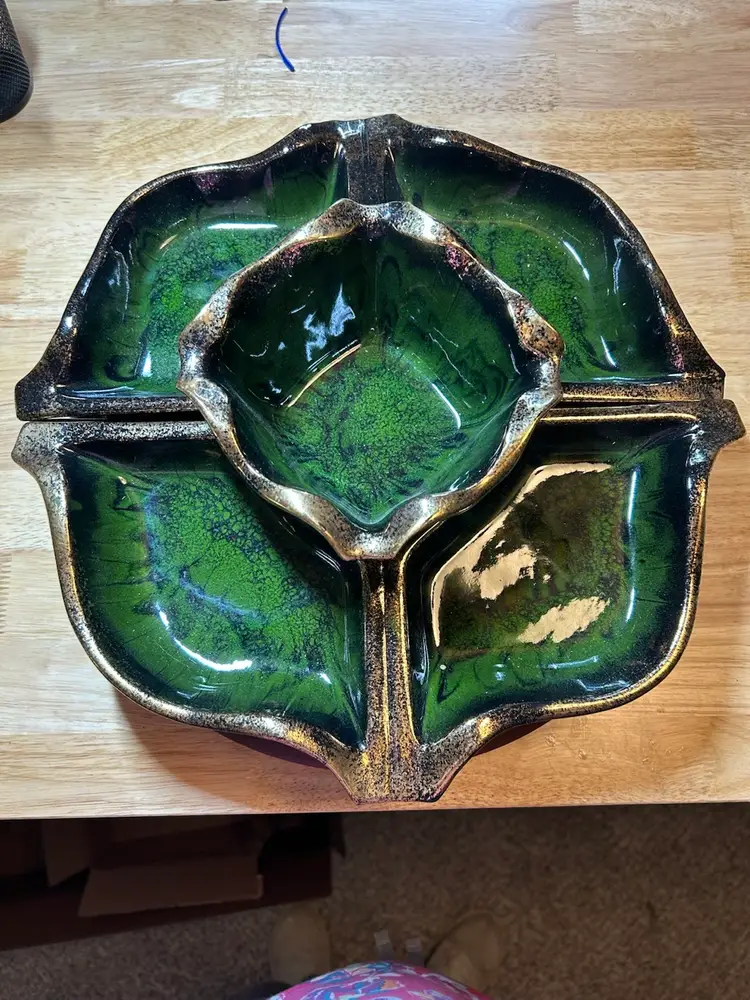 VINTAGE MAURICE CALIFORNIA DRIP GLAZE DIVIDED LEAF POTTERY SERVING DISH