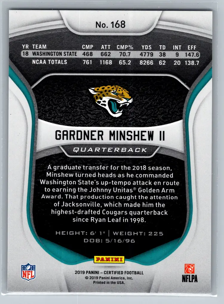 Gardner Minshew II 2019 Panini Certified Rookie Card #168 Mirror #/299 RC