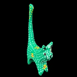 Hand Painted Wooden Folk Art Cat Figurine With Long Tail, Dotted Green Floral Cat Ring Holder