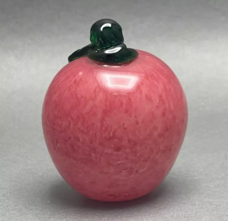 Vintage Studio Art Glass Pink Apple Paperweight With Green Leaf and Stem
