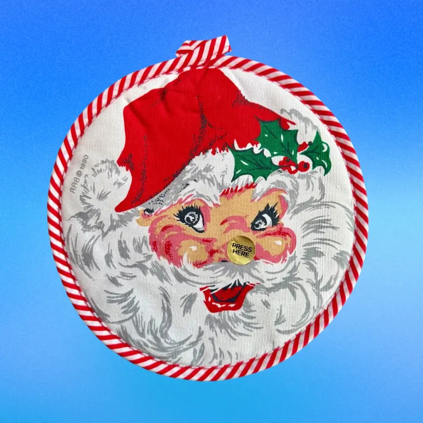 8.5” Vintage 1990 RAB Christmas Santa Oven Pot Holder W/ Musical Button WORKS
