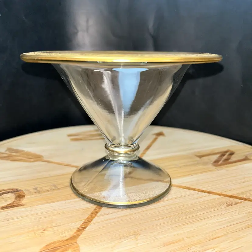 Vintage Depression Era Compote With Embossed Gold Floral Top Edge And Gilt Trim Around Inside Of Embossed Edge, Pedestal And Base