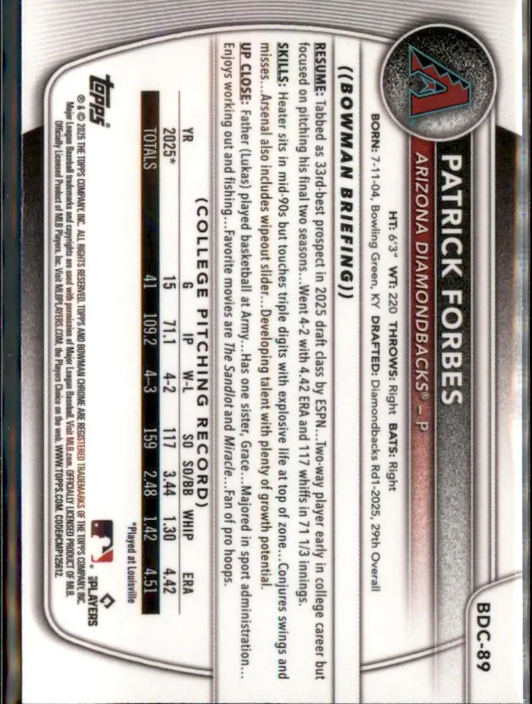 2025 Bowman Draft #BDC-89 Patrick Forbes Chrome - (138) - Arizona Diamondbacks