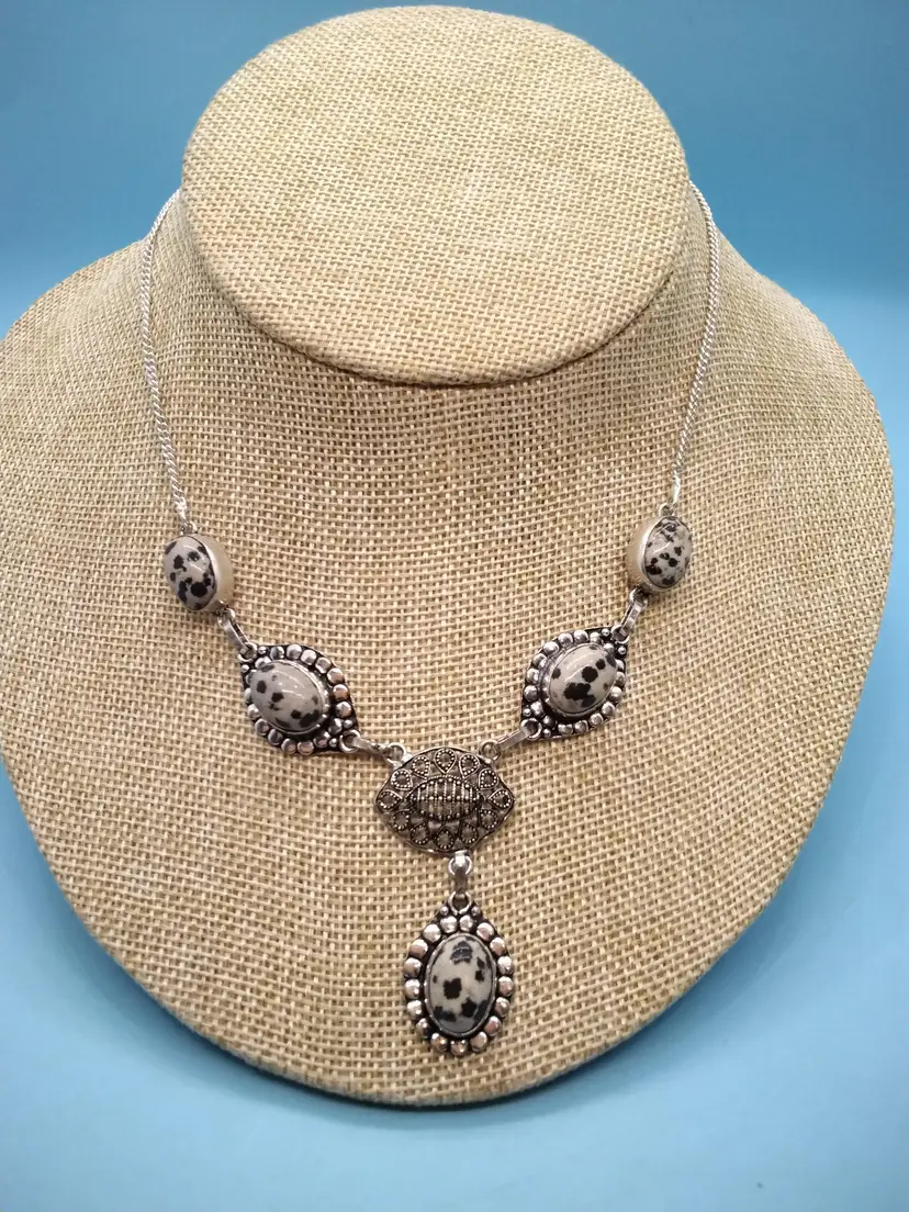 Vintage Dalmatian Jasper With Marcasite And 925 Silver Chain Necklace
