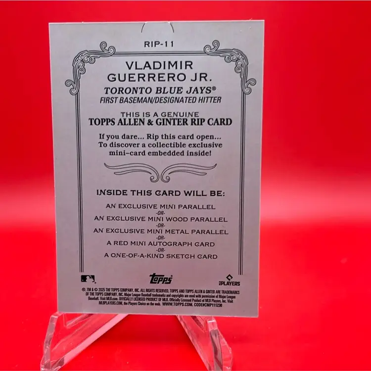 Vladimir Guerrero Jr 2025 Topps Allen & Ginter Rip Card 185/199 Unripped Toronto Blue Jays