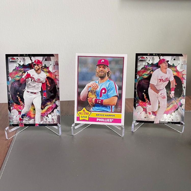 Philadelphia Phillies Three-Card Lot: Bryce Harper 2024 Topps Finest Rare & 2025 Topps Heritage 25th Anniversary Card, J.T. Realmuto 2024 Topps Finest Rare