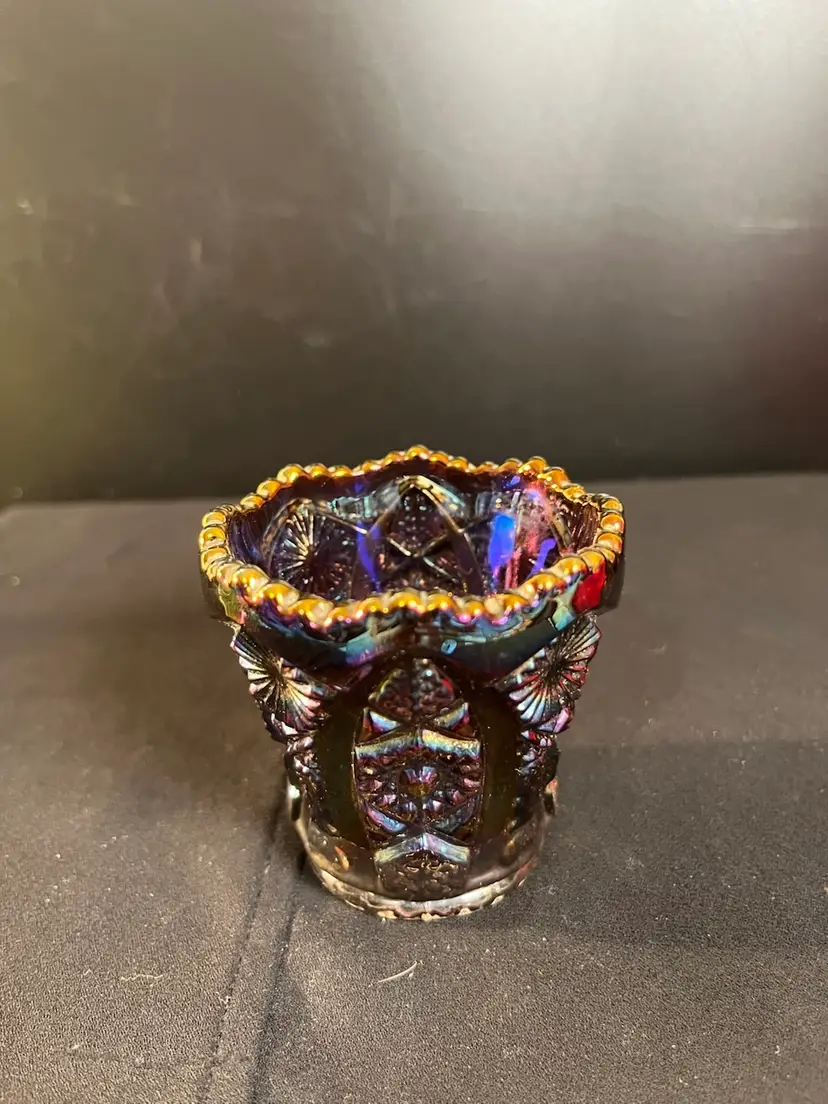 Imperial-Carnival Glass-Purplish Blue, with Gold Paint Accent on Sawtooth wave rim-Pattern "Bellaire"-Toothpick Holder