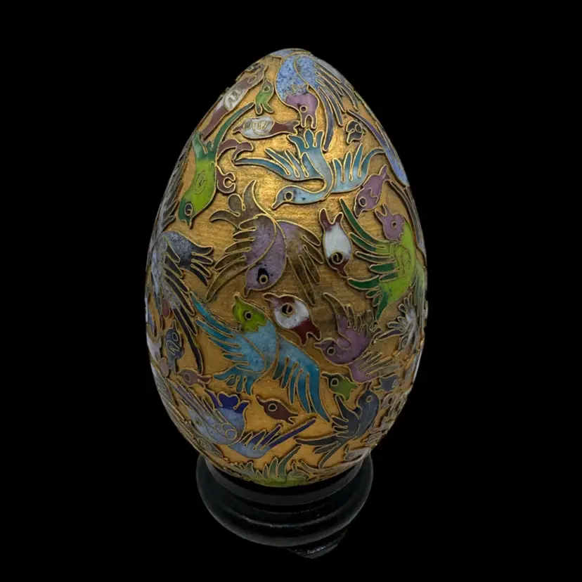 A Chinese cloisonné enamel "Hundred Birds" decorative egg. 2 Call Outs Pictured