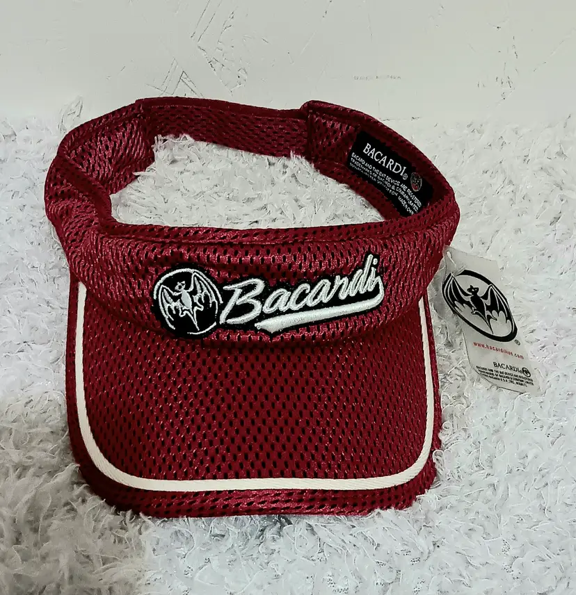 NWT Bacardi & The Bat Device Red Mesh Visor Strapback Cap EUC
