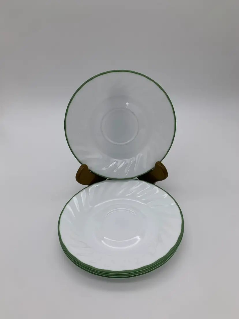 Vintage CORELLE Set Of 4 White Swirl Saucers With Light Green Trim 6-1/8” USA