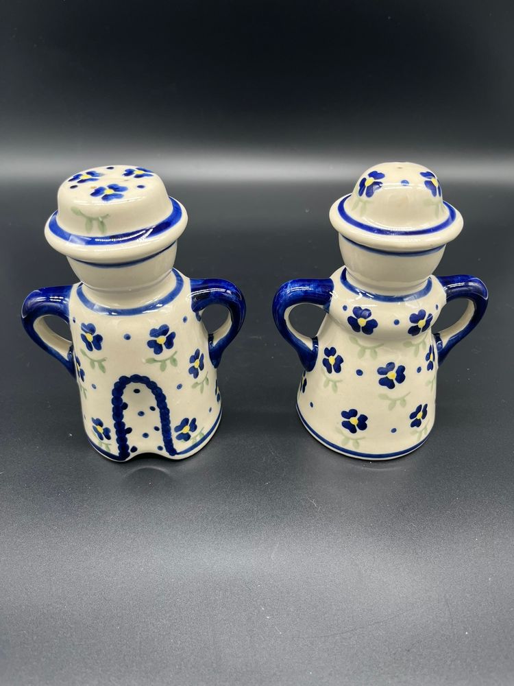 Vintage Hand-Painted Polish Folk Art Pottery Salt & Pepper Shakers