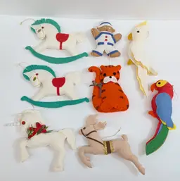 Vintage 8 Pc Handmade Felt Christmas Ornaments Unicorn Horse Reindeer Bird Tiger