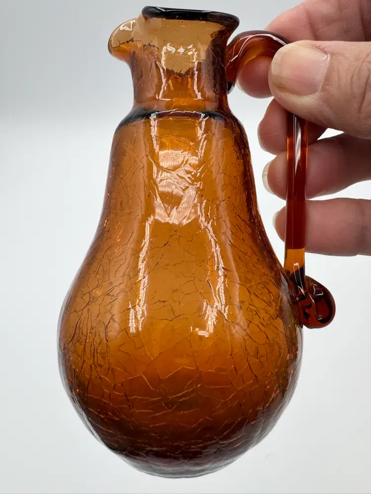 Vintage  Root Beer Hand Blown Crackle Art Glass Small Pitcher