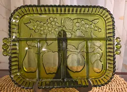 Vintage Indiana Glass Avocado Green Relish Tray Fruit Pattern Bubble Handle