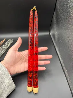 Pair Of Red Lucite Candles With Copper Flecks 11.5”