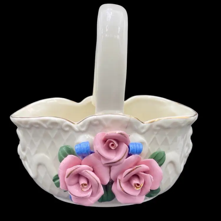 Vintage Large Porcelain Basket w/attached Pink Roses, Gold Trim, Blue Ribbon