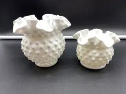 Set of 2 Fenton Milk Glass Hobnail Double Crimped Vases 3" & 4-1/2" Vases