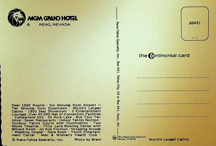MGM Grand Hotel Blackjack Tables Reno Nevada Casino Postcard