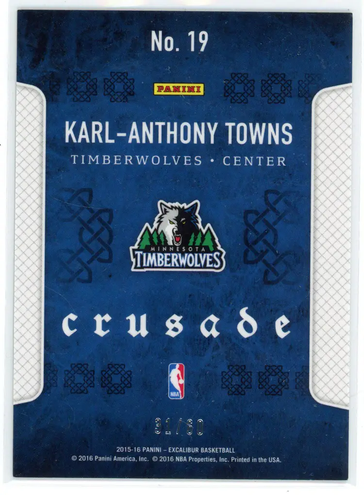 2015 Panini Excalibur KARL-ANTHONY TOWNS Purple Crusade /60 RC #201 Timberwolves