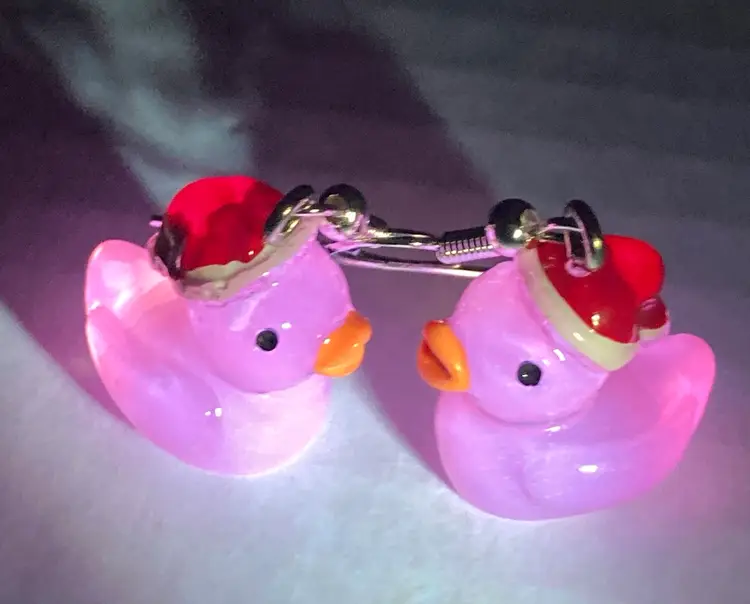 2 Day Sale! 🎉🎄🎉UV Reactive And Glow In The Dark, Pink Santa Duck Earrings! 1 1/4” drop. 925 stamped untested hooks.  Made By Me!