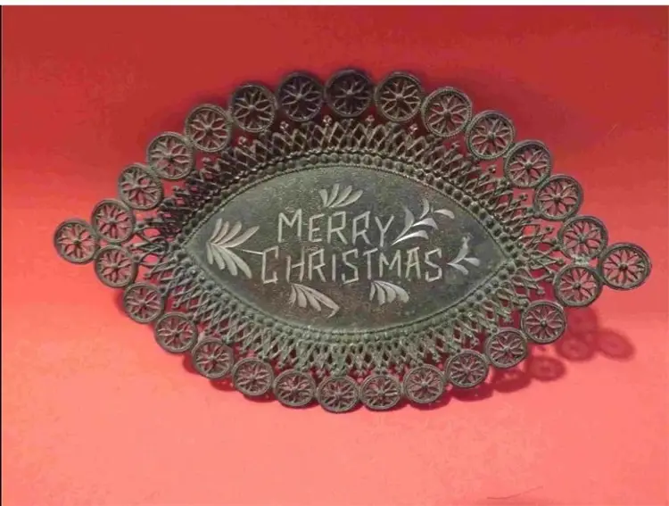 Antique Merry Christmas Metal Etched Trinket Dish Tray 6"