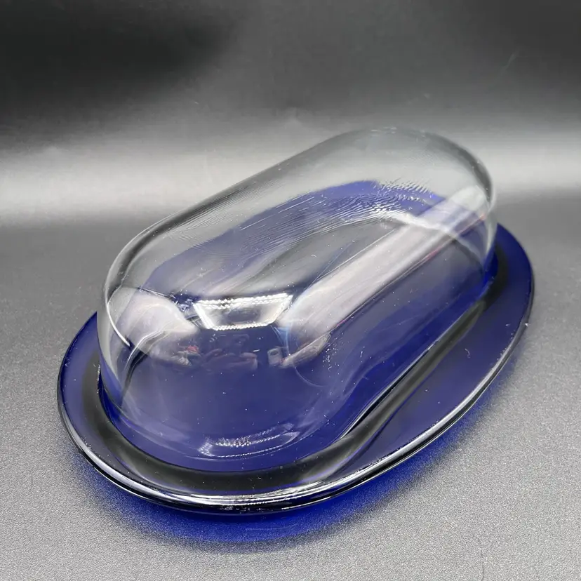 #21 Wide Cobalt Blue & Clear Glass Butter Cheese Lidded Dish 8” 🧈