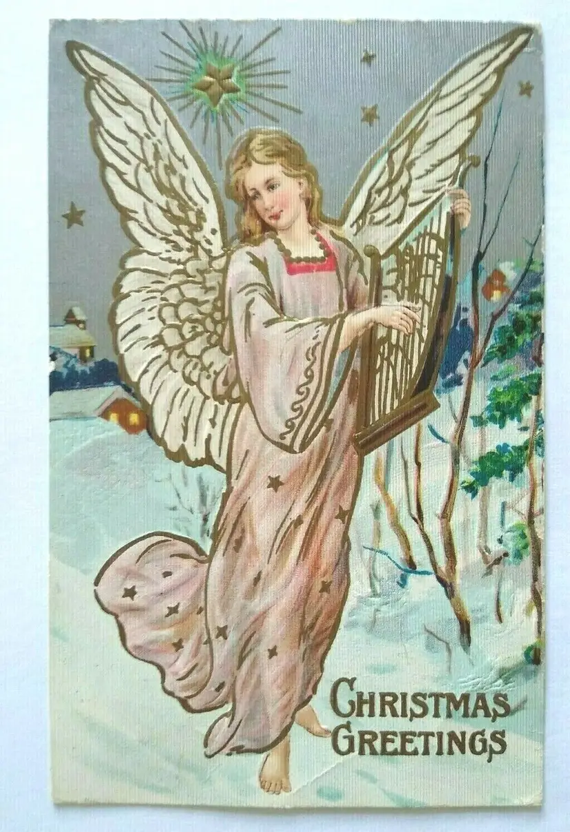 Vintage Christmas Postcard Angel Plays Harp Original Embossed Gold Accents 1908