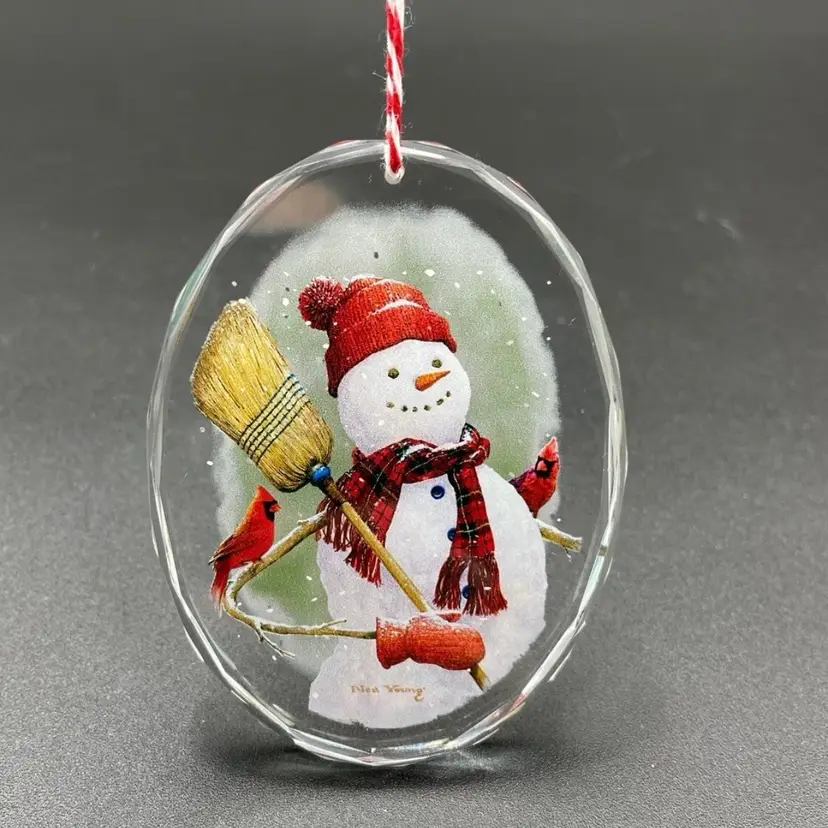 Wild Wings Snowman and Friends Ned Young Glass Hanging Christmas Ornament Signed