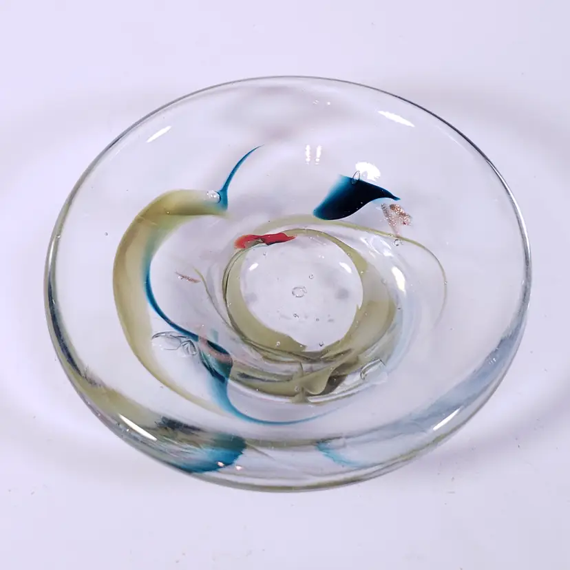 Signed ED EVANS 2014 Isle Of Wight Ribbon Swirl Art Glass DISH PAPERWEIGHT