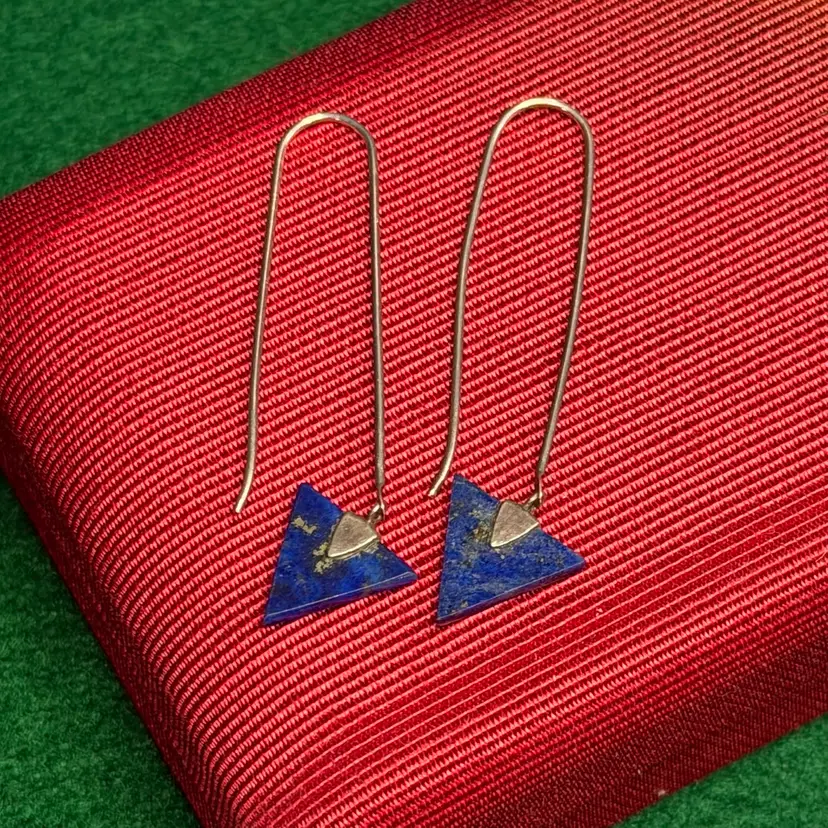 Sterling 925 Silver Blue Lapis Lazuli Stone Triangle Hook Drop Dangle Earrings