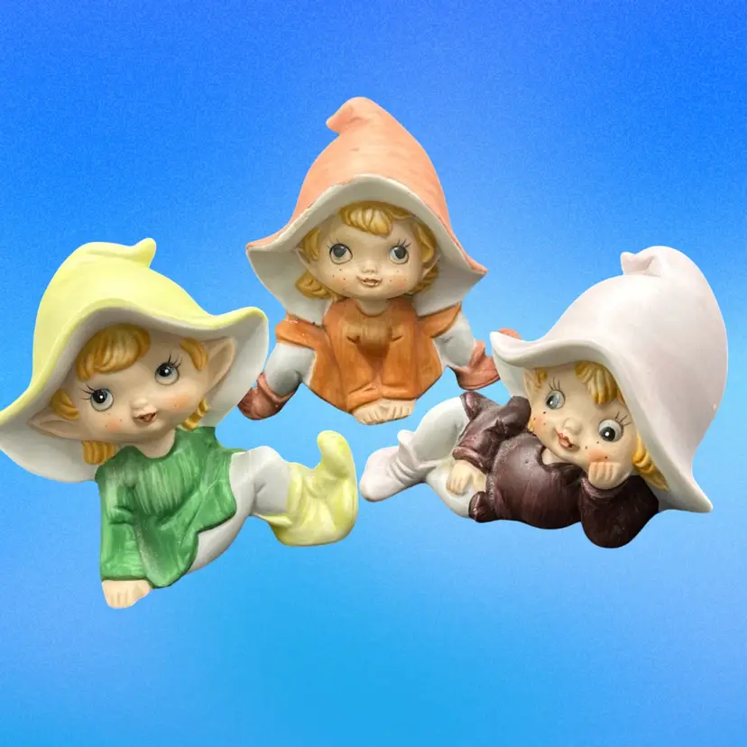 VTG HOMCO Elf Pixie Set Of 3 Figurines Home Interior # 5213 Porcelain Bisque Great For Spring!!!