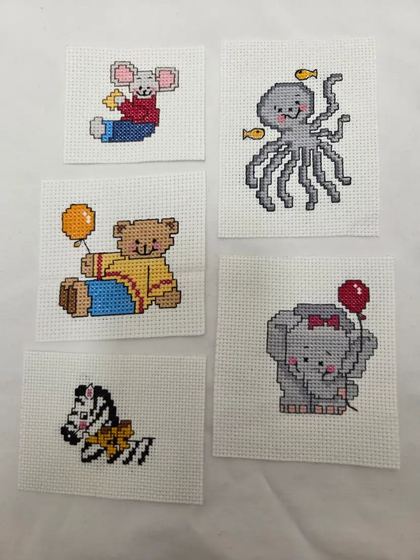 Lot of 5 New Handmade Finished Cross-stitched Pieces Animal Themed