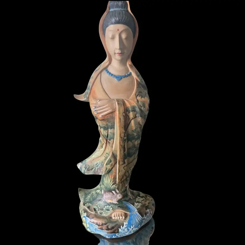Hand Painted Kwan Yin Wood Sculpture