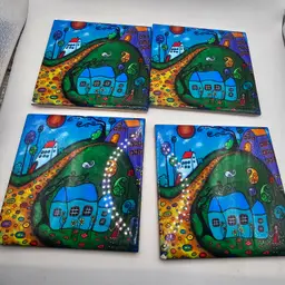 Juli Cady Ryan coasters tiles A Storybook Life whimsical Signed set of 4