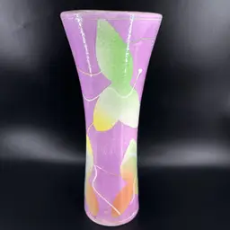 Redware Studio Pottery Pink with Colorful Leaves Vase Signed