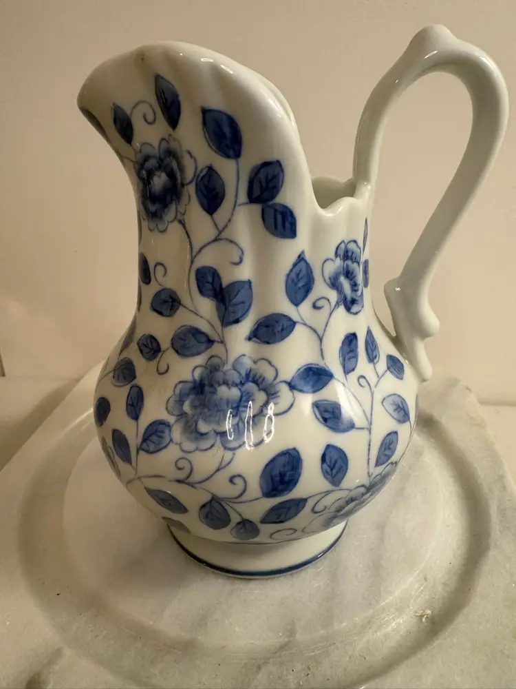 Vintage Andrea By Sadek Cobalt Blue White Ceramic Floral Butterly Small Pitcher