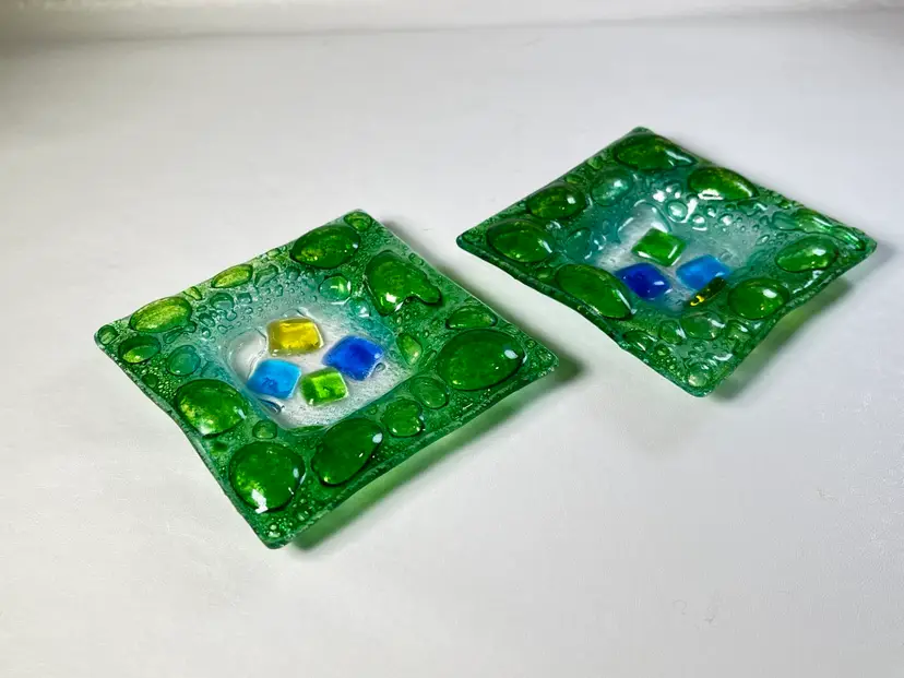 Set Of 2 Unique Fused Glass Trinket Dishes