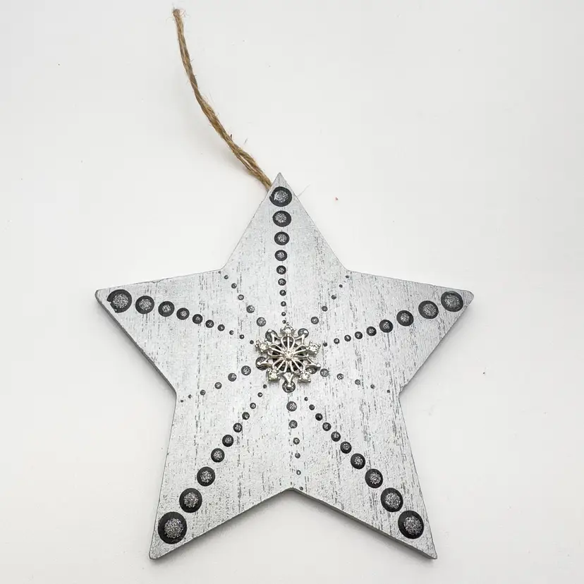 Star Shaped Hand Painted Silver Wood Christmas Ornament