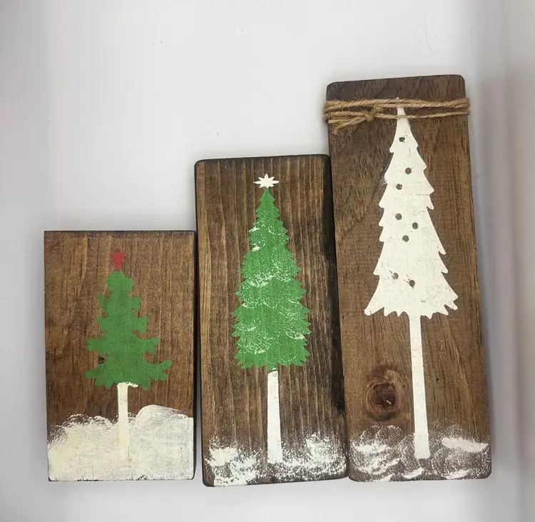 Wooden Hand Painted Rustic Christmas Tree Blocks Decor Set Of 3