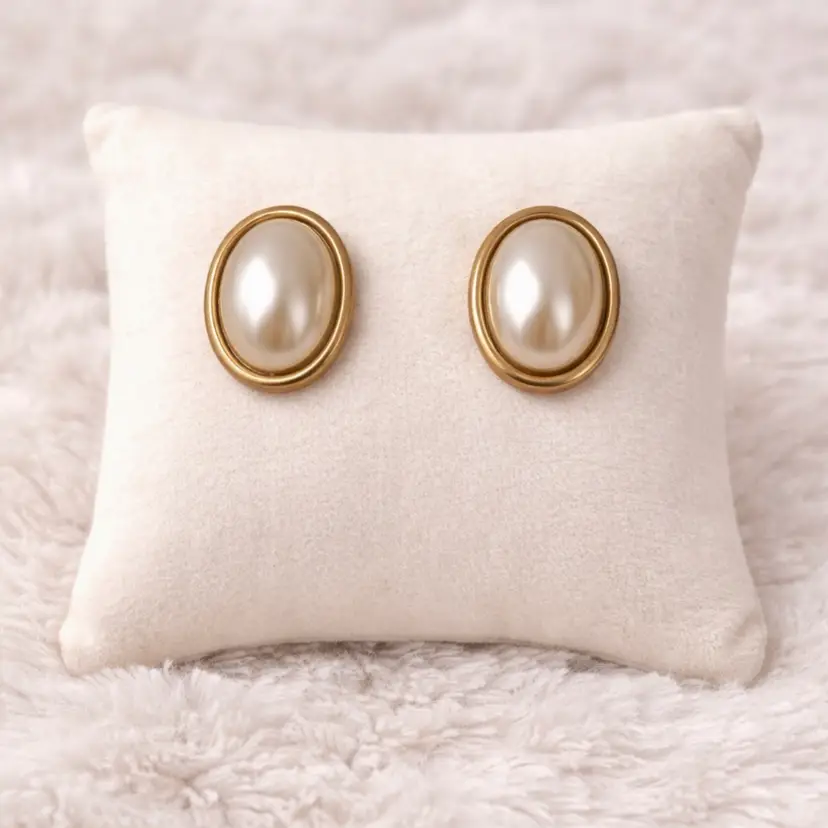 Napier Gold Tone Faux Pearl Oval Stud Earrings Classic Vintage Style