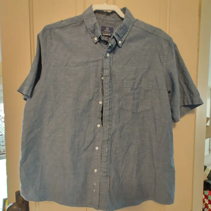 Men's Top- Brand: George. Size Large, 42-44. Blue button down shirt. 97% cotton, 3% spandex. No callouts.
