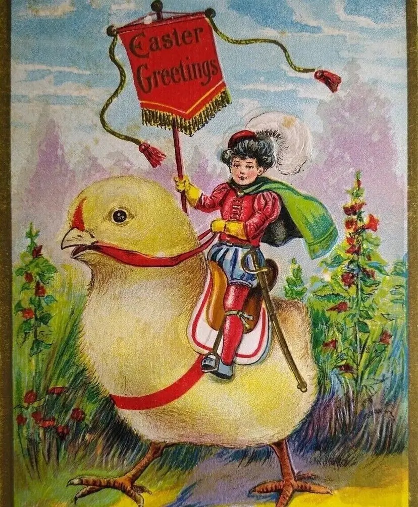 Easter Postcard Fantasy Knight Riding Giant Baby Chick Renaissance Gent Vintage