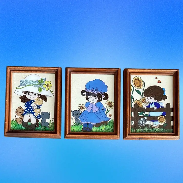 (3)-Mid Century Reverse Painted On Glass Pictures Girl Flowers  Kitten Puppy Butterfly Local Artist