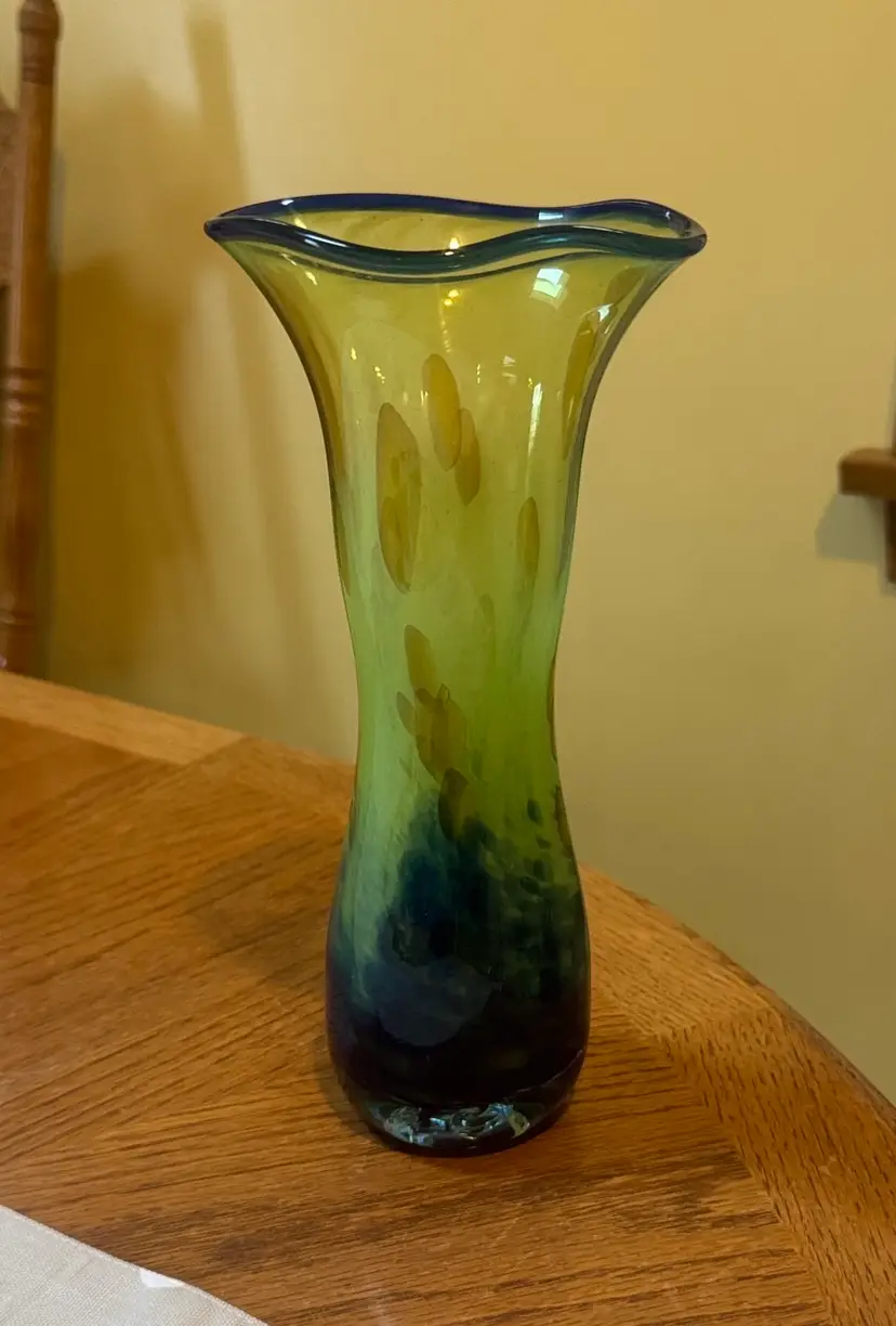 Kerry Crafted Glass Hand Blown Swirl Vase Blue Green Yellow Ireland 9.75” tall
