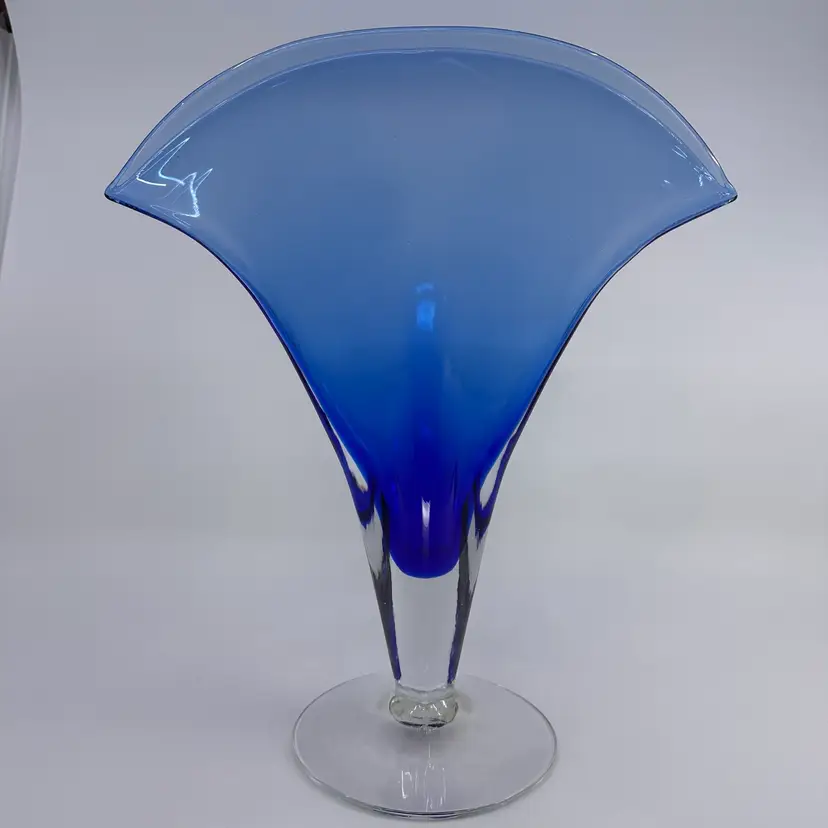 Blenko Blue and Clear Fan Vase 11 1/2”